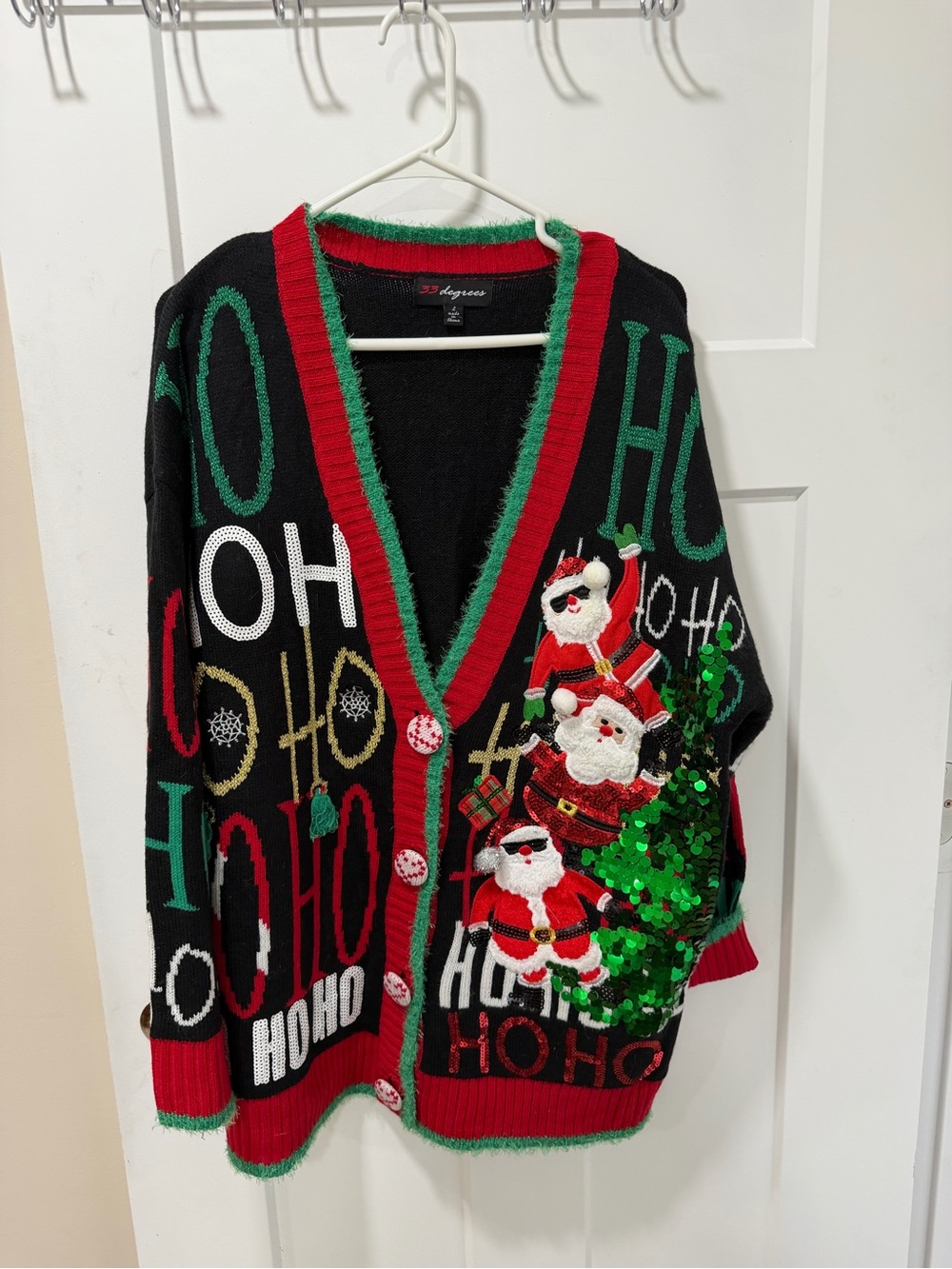 32 Degrees Black Christmas Cardigan with Red & Green Trim and Santa Appliques